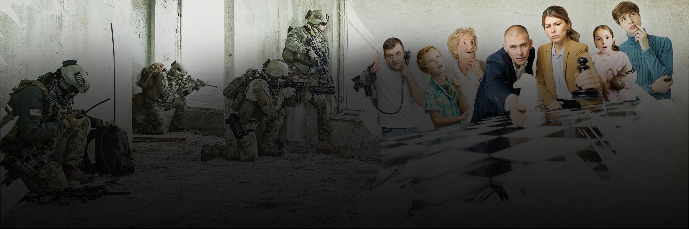 A diverse group of people engaged in solving puzzles on a chessboard beside a war-themed escape room at All In Adventures.