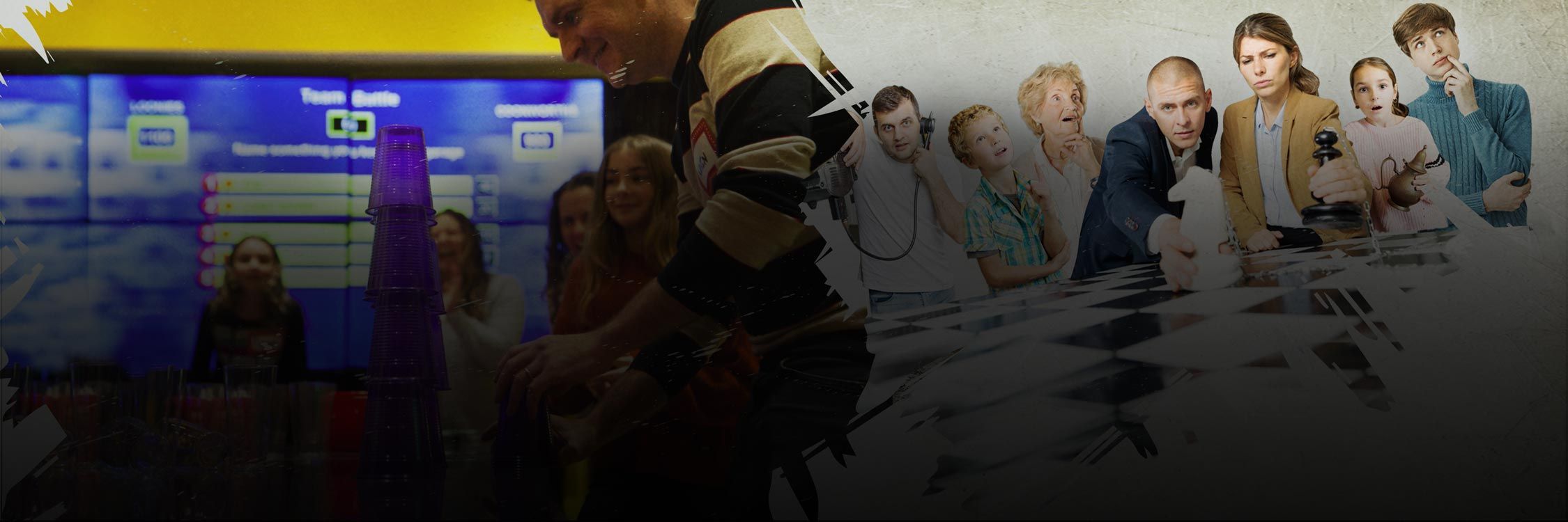 A diverse group of people solving puzzles and having fun in the Game Show Room at All In Adventures.