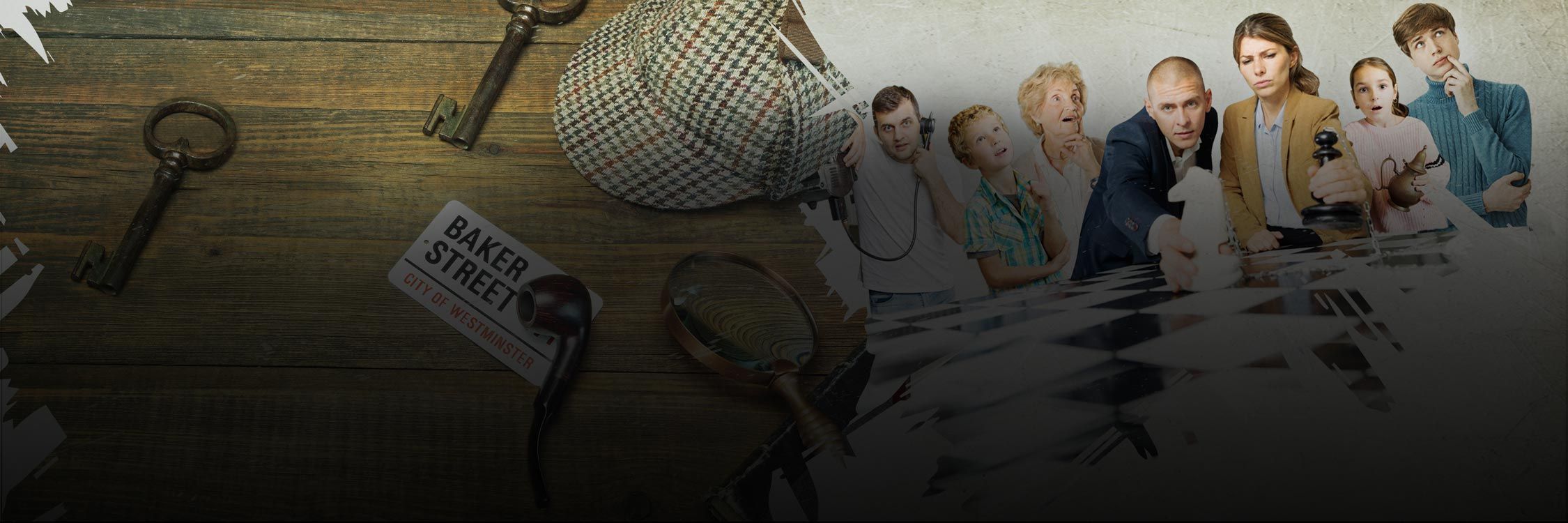 A diverse group of individuals gathered around a chessboard and various items related to Sherlock Holmes, all lying on a desk in Sherlock's Library escape room at All In Adventures.