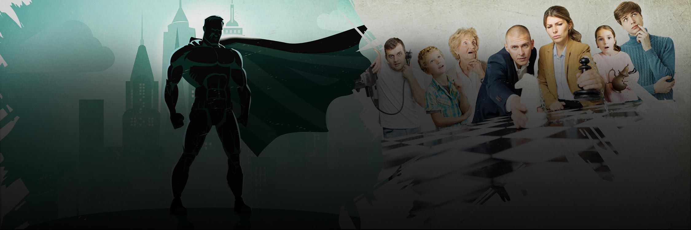 A superhero stands atop a tall building, observing the city he is about to protect, while a group of people solve puzzles on a chessboard at All In Adventures.