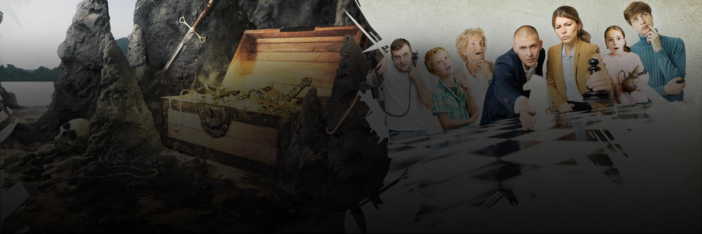 A wooden chest full of treasures and a group of people of various ages solving puzzles on a large chessboard, symbolizing the Treasure Island escape room at All In Adventures.