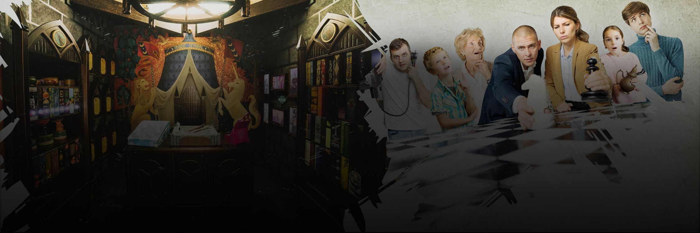 A dimly lit room filled with books and a group of people intensely contemplating a chessboard within the thrilling Wizarding School escape room at All In Adventures.