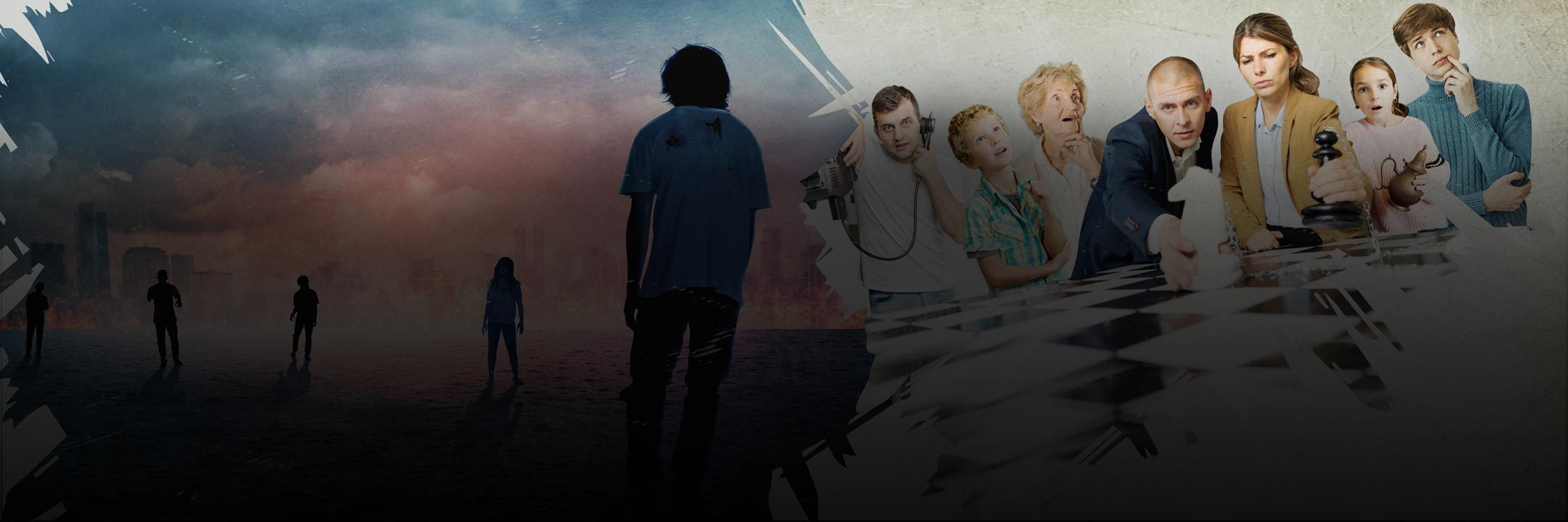 Zombies are walking through a post-apocalyptic area, while a diverse group of people solves puzzles on a chessboard in an escape room at All In Adventures.